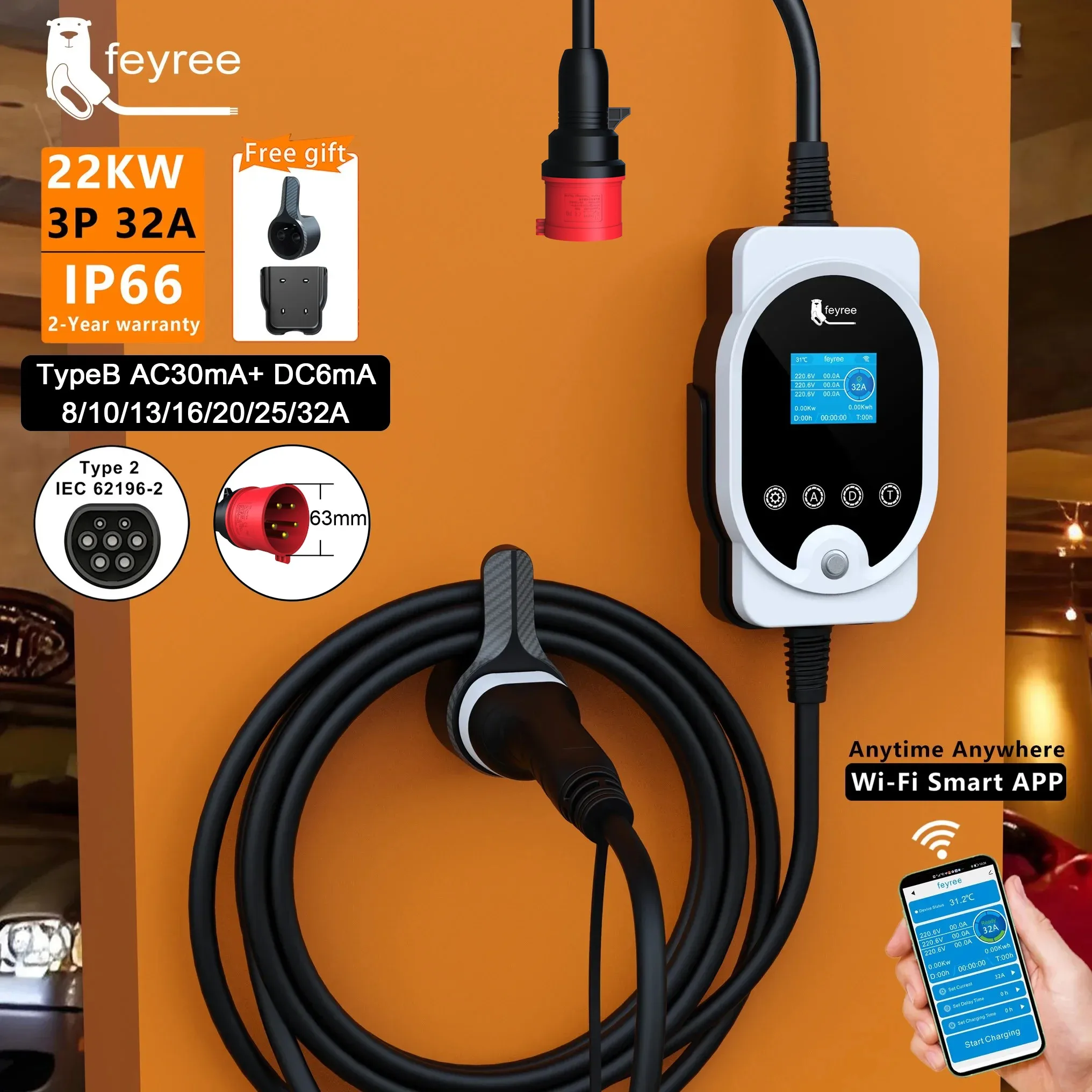 Feyree - Estación de Carga Ráp - Ev Charger Type 2 22Kw 32A 3 Phase reseña y precio
