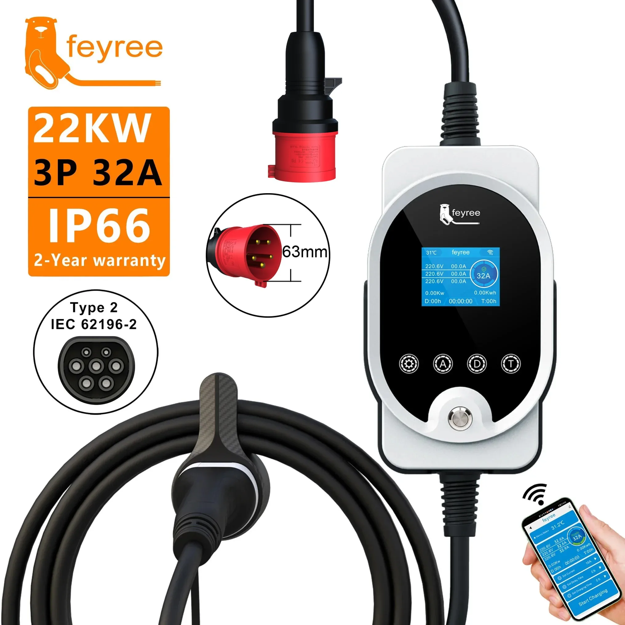 Feyree - Estación de Carga Ráp - Ev Charger Type 2 22Kw 32A 3 Phase reseña y precio